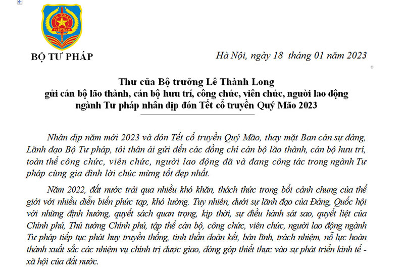 Thư của Bộ trưởng Lê Thành Long gửi CBCCVC, người lao động Ngành Tư pháp nhân dịp Tết cổ truyền Quý Mão